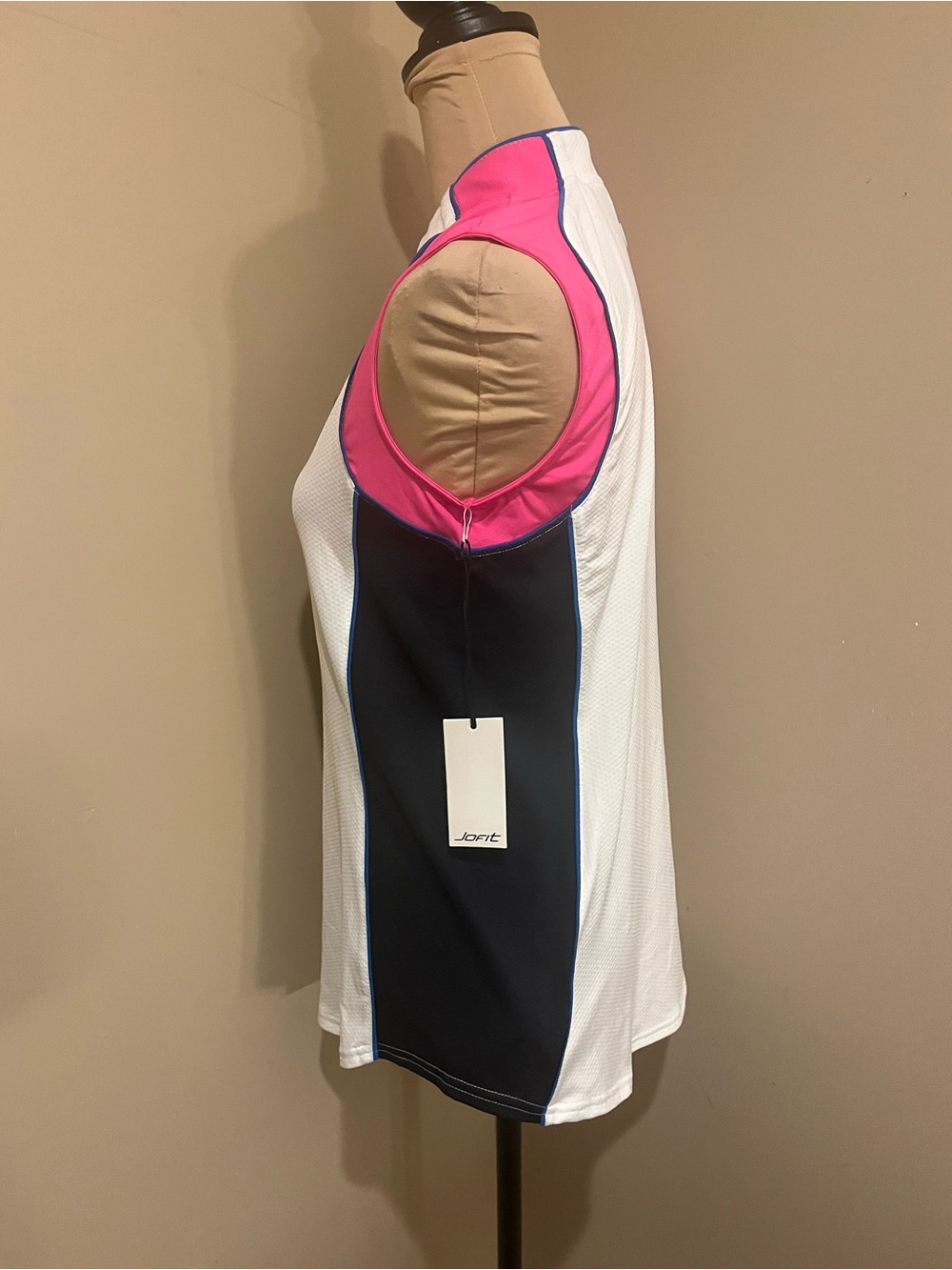 NWT Jofit Performance White Sleeveless Golf Tank Polo with Pink and Navy Trim, S - Picture 3 of 8